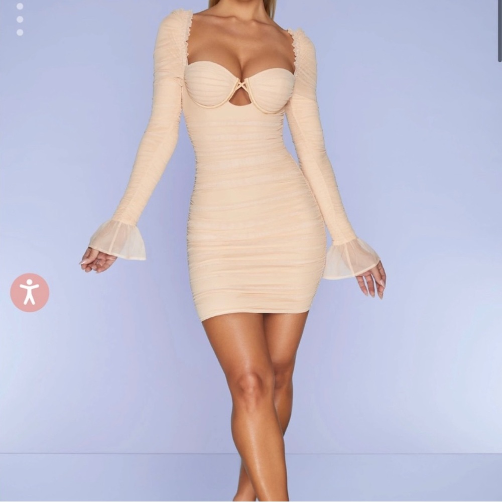 Oh Polly ruched sleeve dress. True For You Mesh dress in Sand color